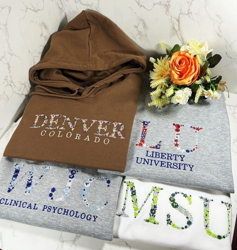 Customizable college floral embroidered crew neck shirt/hoodie