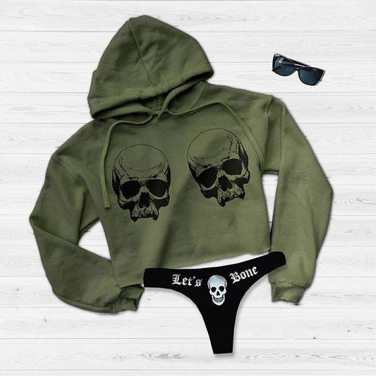 Fashion Skull Printed Sports Cropped Hoodie Suit Set