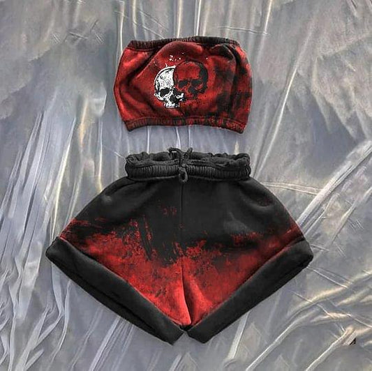 Halloween skull print bandeau shorts set